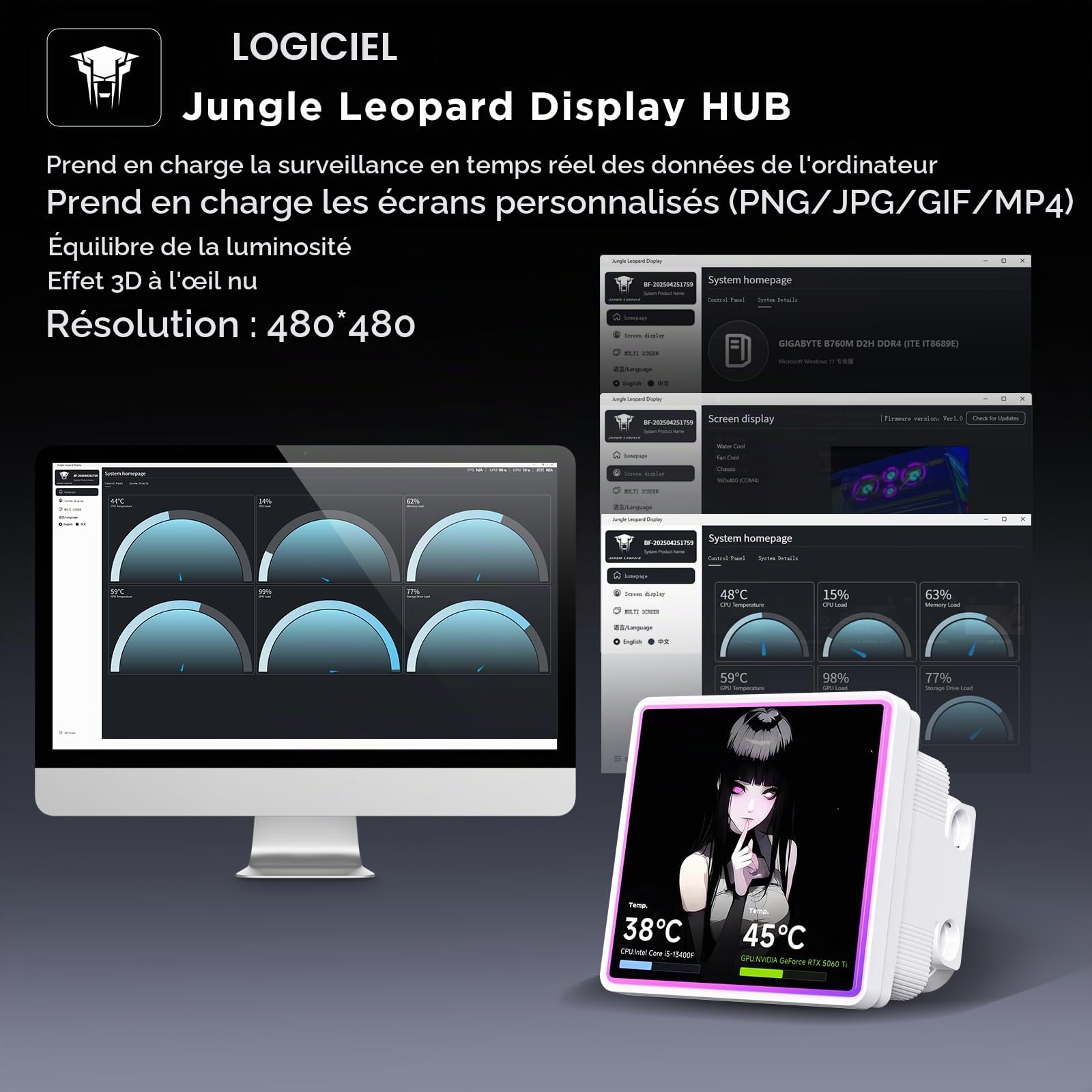Jungle Leopard ProFlow SE Système de refroidissement à eau liquide ARGB AIO pour processeur ARGB Noir | Écran LCD de 10,2 cm | 320 W TDP | ARGB 1850 tr/min PWM | Pour Intel LGA1851/1700/1200/115X AMD