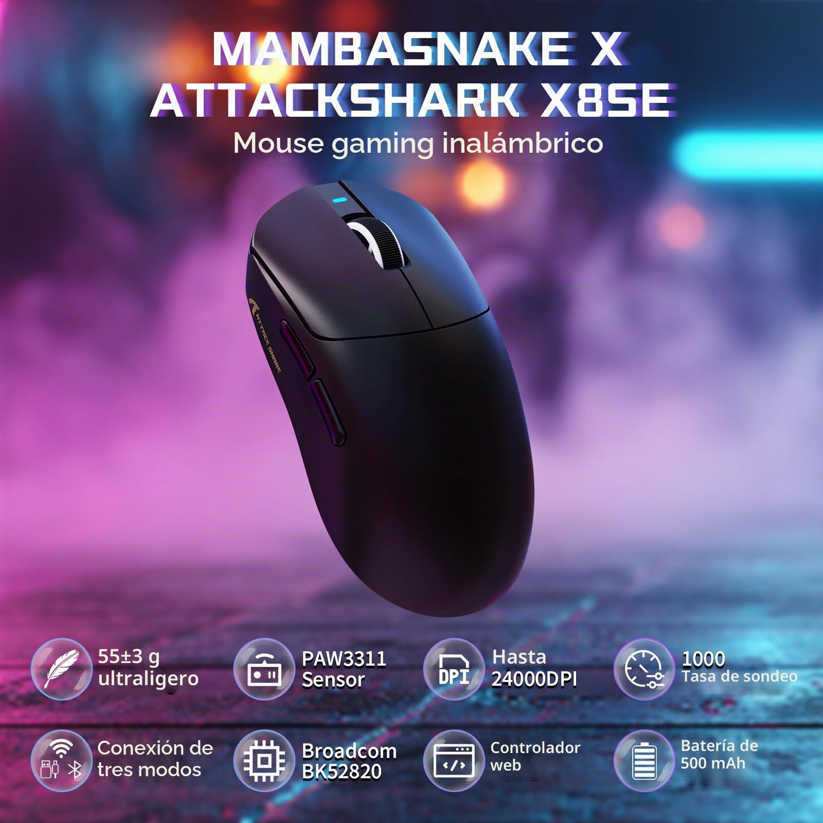 MAMBASNAKE X Attack Shark X8SE 55g Ratón inalámbrico Ultraligero para Juegos-hasta 25000 dpi,Sensor PAW3311,trimodo BT/2,4G/USB-C,80 Millones de clics,500mAh,Controlador Web,for Win/Mac-Negro