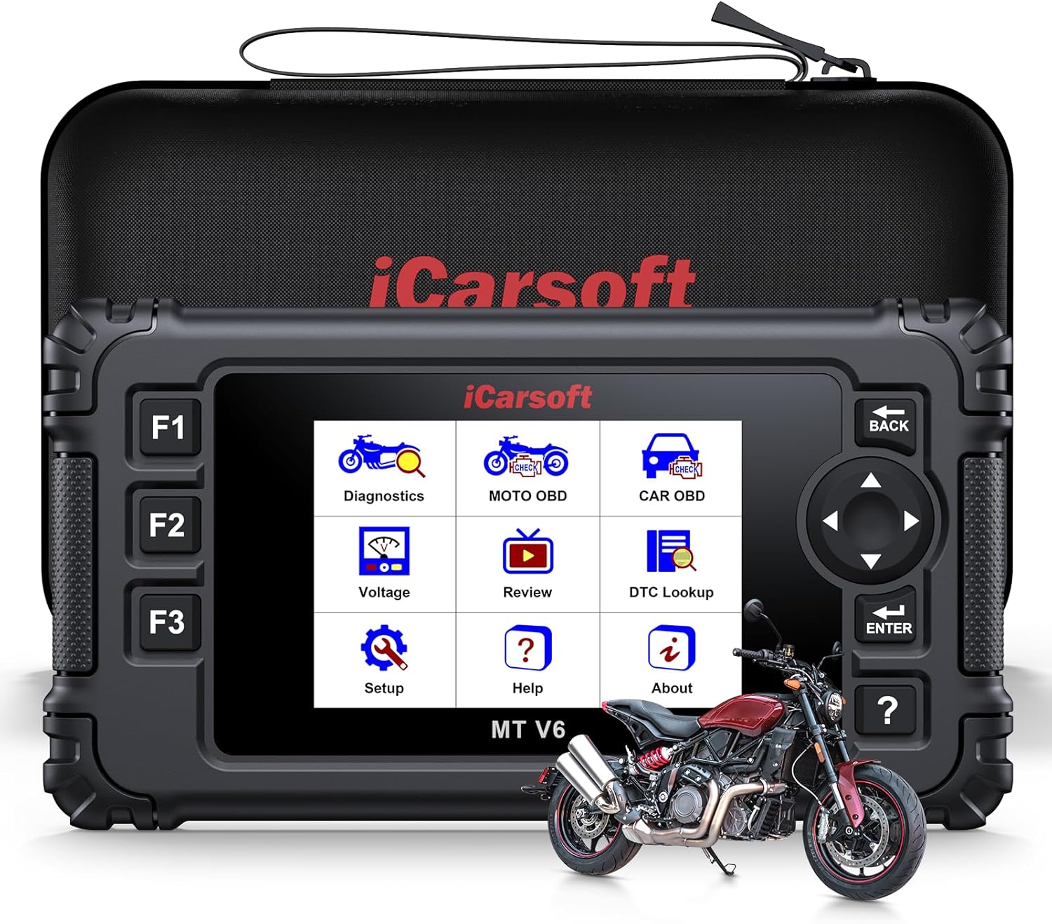 iCarsoft MT V6 for Indian Motorcycle Full System Diagnostic Tool Motorbike and Car 2-in-1 OBD2 Scanner Engine Code Reader with 33+ Active Test of Engine, AutoVIN, Battery Test, Lifetime Free Update