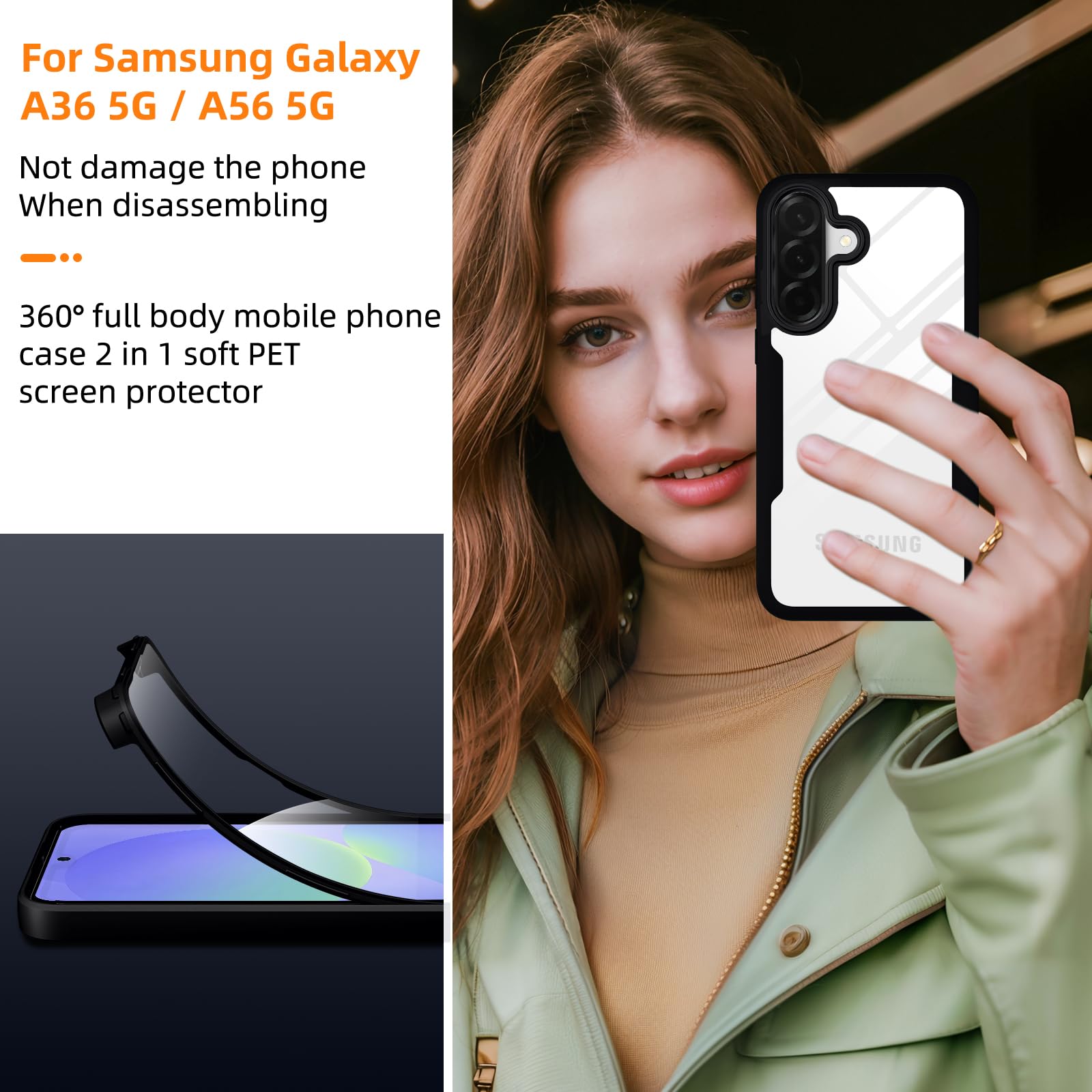 Phoona Etui do Samsung Galaxy A36 5G / A56 5G z przezroczystą folią ochronną, odporne na wstrząsy silikonowe etui 360 stopni pełna ochrona, odporna na zarysowania wytrzymała obudowa do Samsung A36