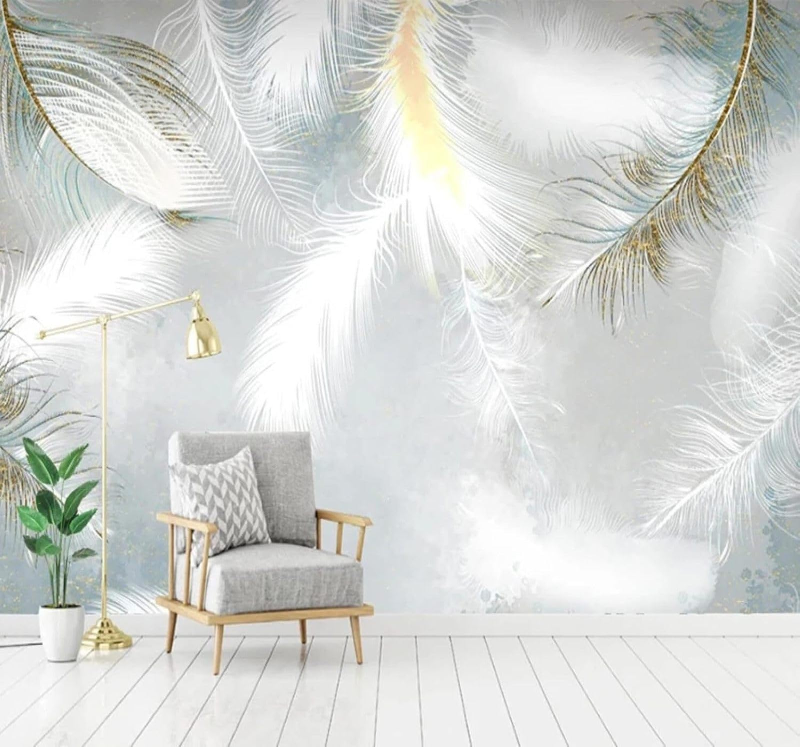 XLMING Romantic White Feathers Relief Three Dimensional 3D Wallpaper Silky Texture Home Study Office Grey Dining Room Sofa Bedroom Living Room TV Backdrop-430cm×300cm