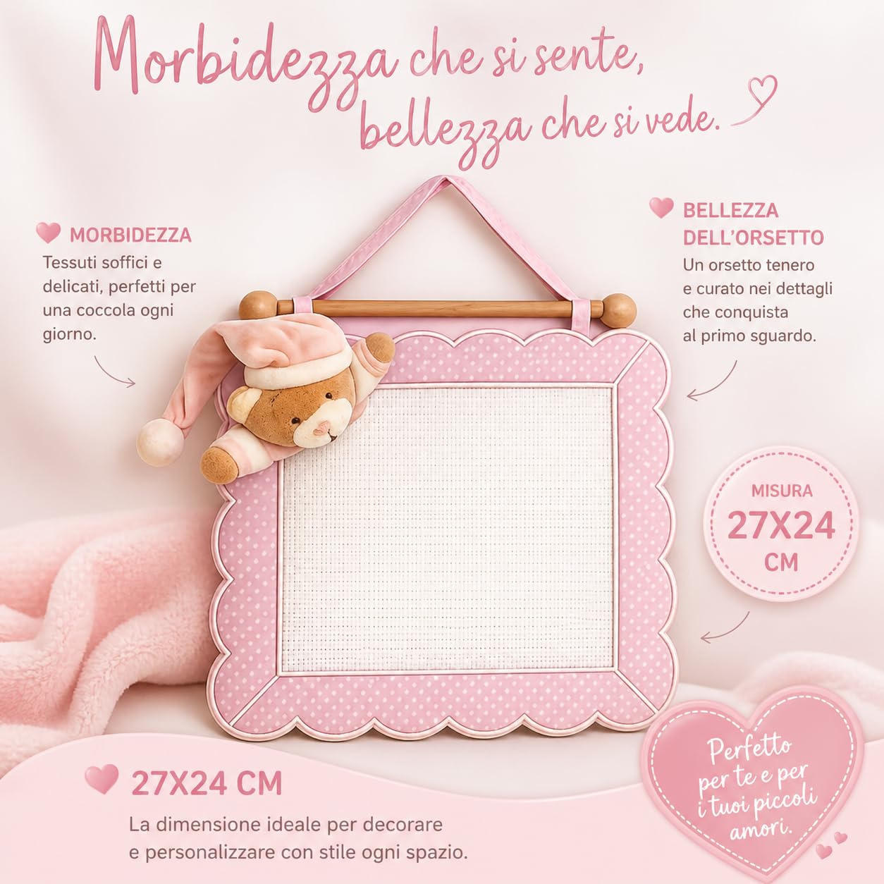 Fiocco Nascita Quadretto Rosa da Ricamare con Orsetto per Neonato 27X24 cm