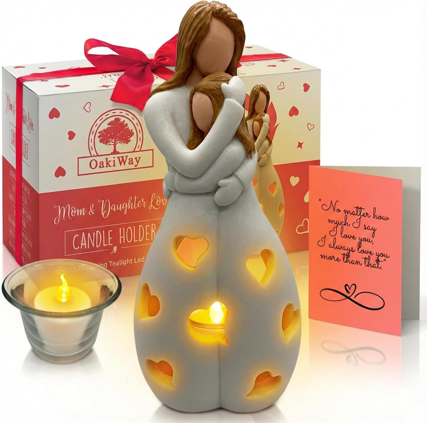 Gifts for Mom from Daughter – Mothers Day Candleholder Statue with Flickering LED Light | Birthday Gift for Mom | Unique Present with Greeting Card | Seasonal Home Décor (Light Brown)