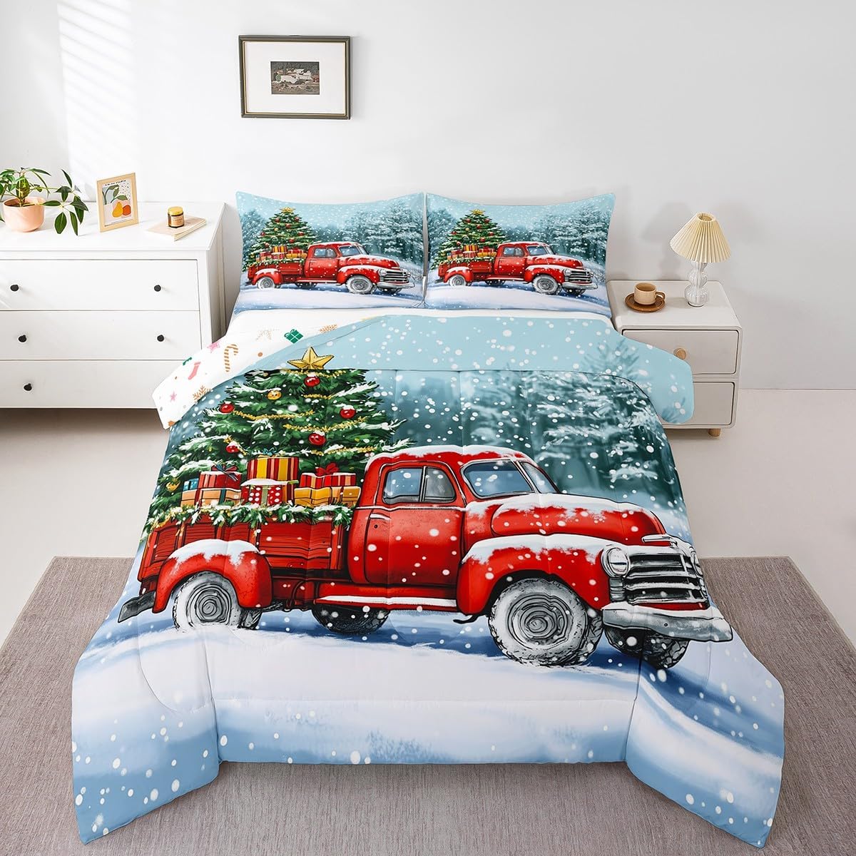 Manfei Merry Xmas Bedding Set Queen Size,Red Retro Car Vintage Comforter Set Kids Boys Girls Room Decor,Christmas Tree Snow Quilt Set Soft Duvet Insert 3pcs with 2 Pillowcases