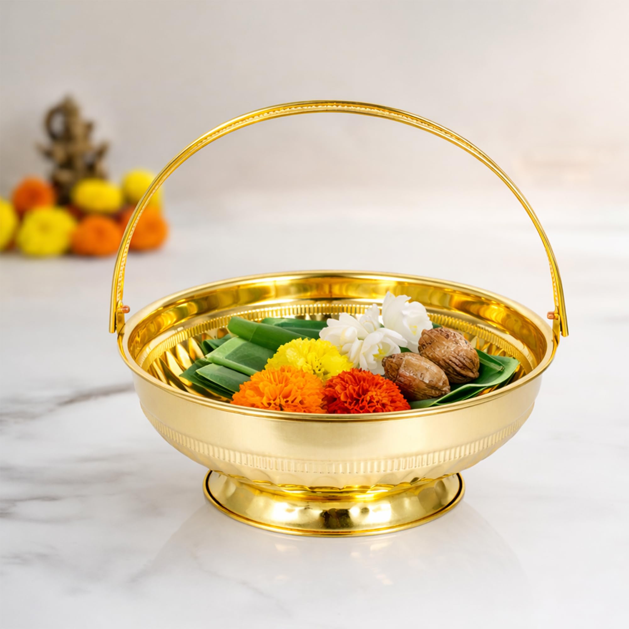 Spillbox Traditional Handcrafted Brass Flower Basket For Pooja/Worship -Brass Basket, Round-image-0