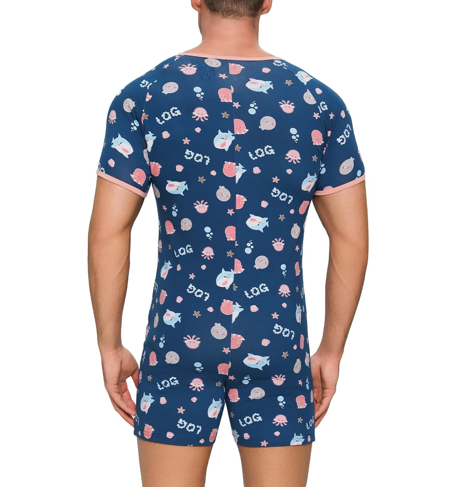 Landofgenie Body pour Adultes Homme - Pyjama Intégral à Manches Courtes avec Boutons d'Entrejambe, Coton Onesie