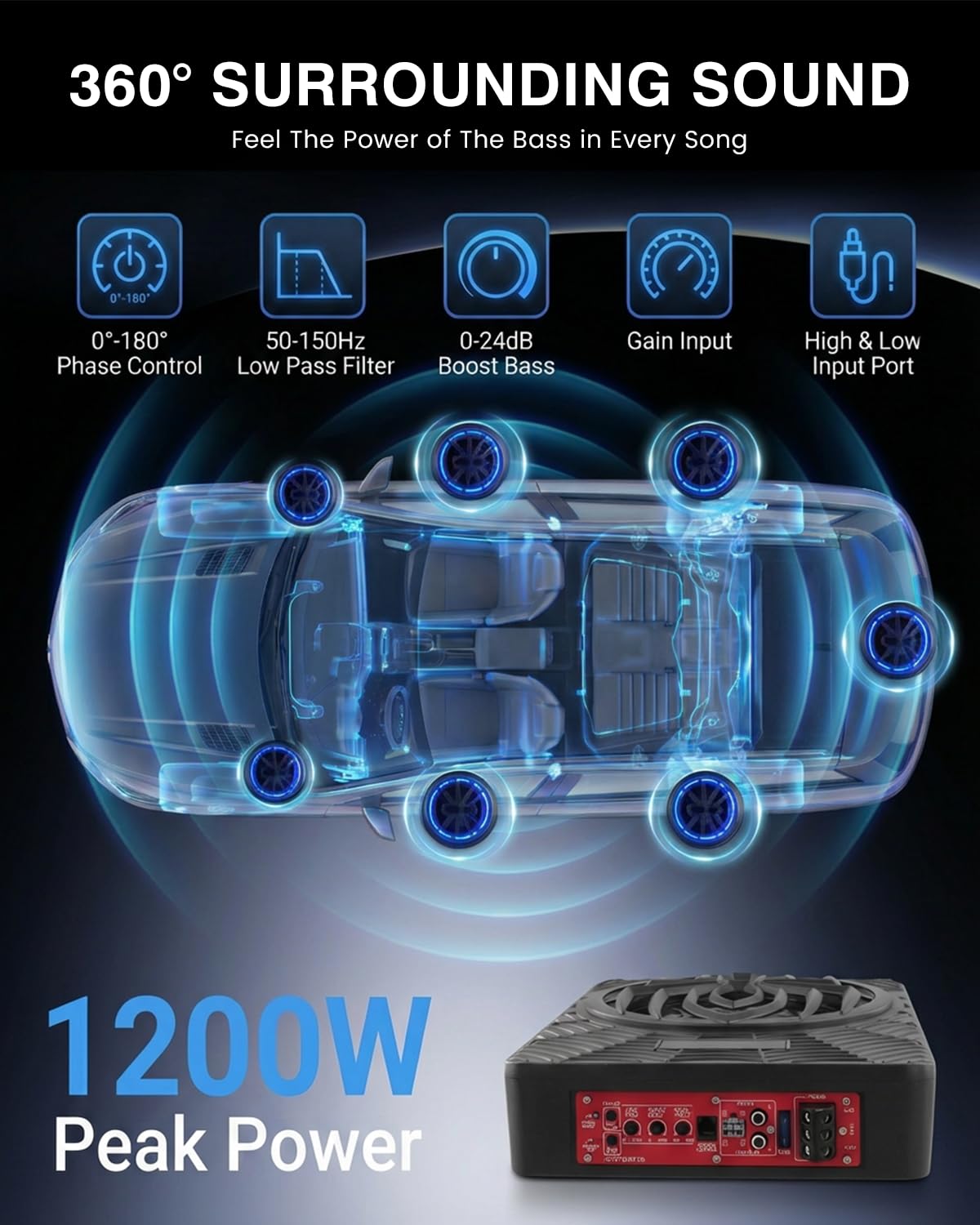 Subwoofer activo para automóvil, montable bajo los asientos, potencia máxima de 1200W, 10", módulo amplificador integrado, subwoofer compacto, iluminación ambiental RGB controlada por aplicación