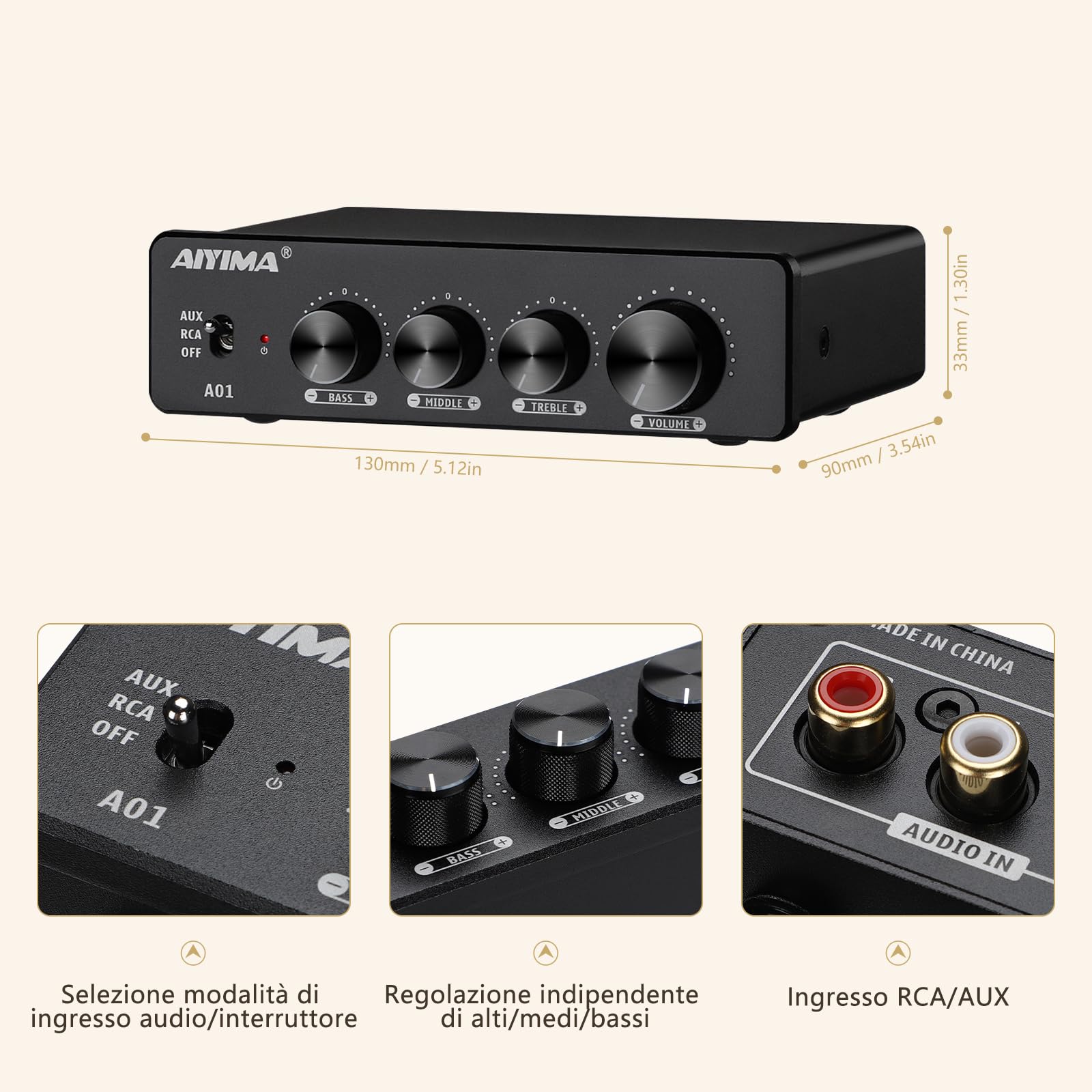 AIYIMA A01 TPA3116 Amplificatore di potenza 2.0/2.1 CH Stereo HiFi Amplificatore di Classe D Integrato per altoparlante domestico 100W Mini Amplificatore con Bass Alto Treble Control