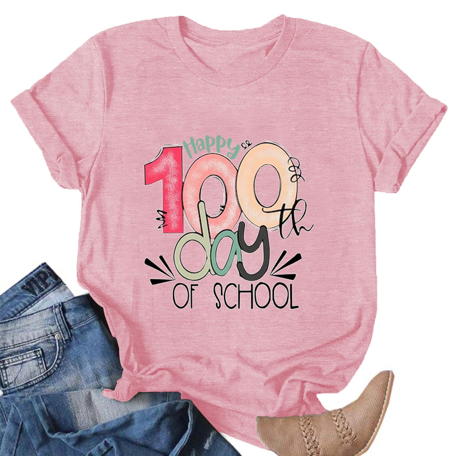 100th Day of School Shirt for Women Teacher Graphic T-Shirt Funny Teach Short Sleeve Tee Tops