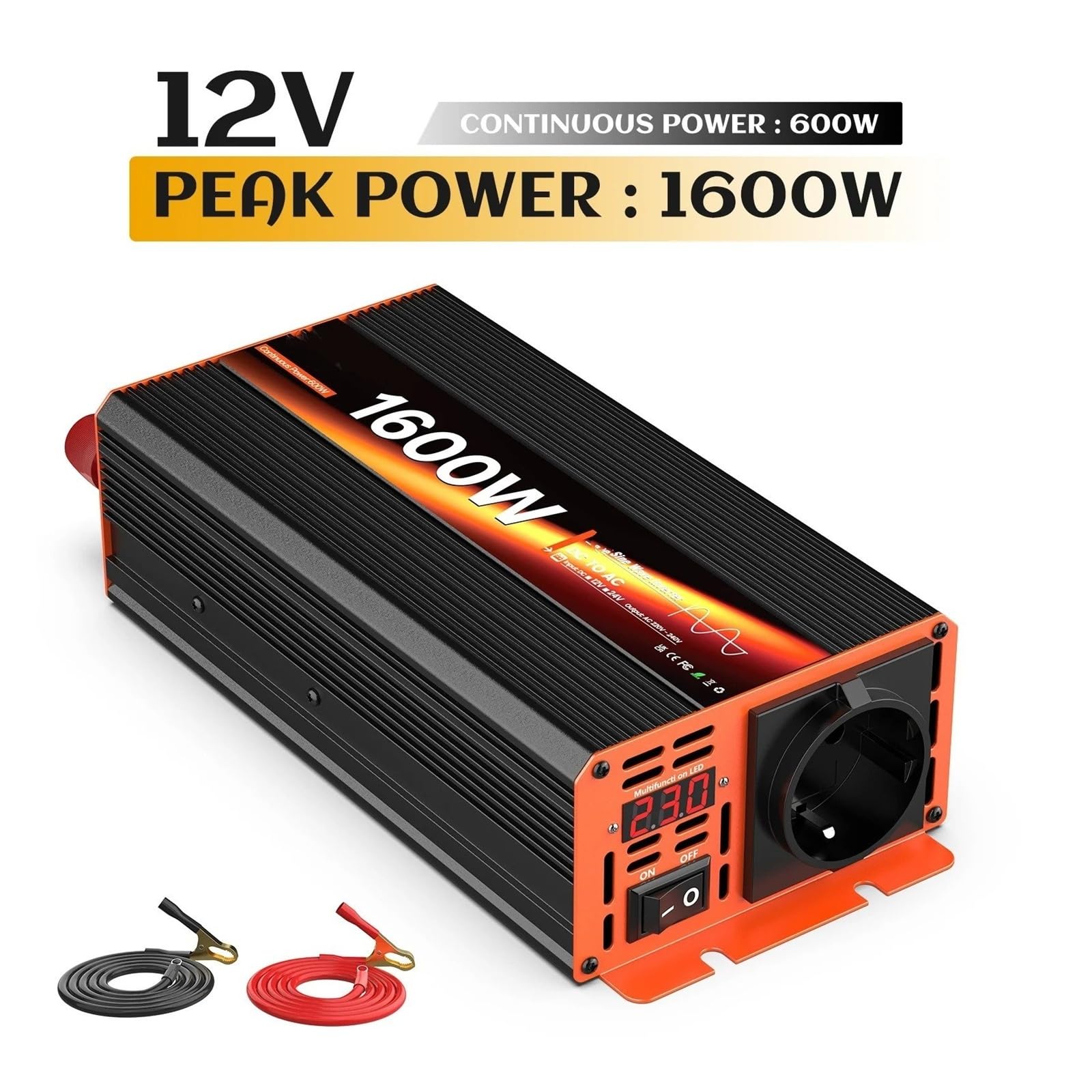 Inversor Corriente Coche Potencia Máxima 1600W Inversor Onda Sinusoidal para Pura CC 12V Ca 220V 230V Europeo Electrodomésticos Viaje RV Protección Pantalla LCD
