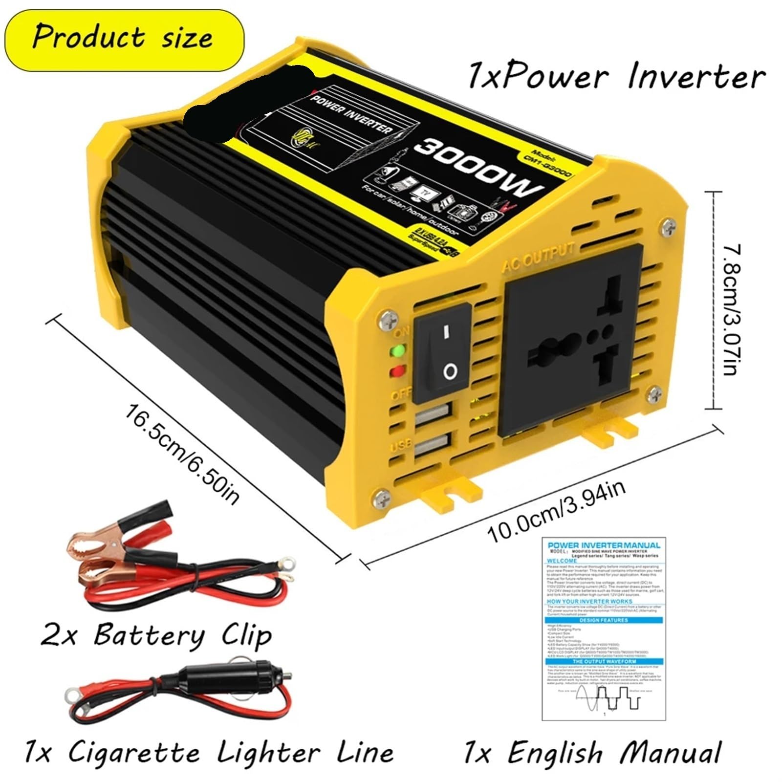 Onduleur de Puissance Onduleur de Puissance Intelligent 3000 W DC 12 V vers AC/Double Chargeur Voiture USB convertisseur d'onde sinusoïdale modifiée onduleur Portable(Zwart)