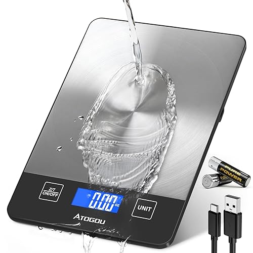 Miniatura 10 de Atogou Báscula de alimentos – Báscula digital de cocina de 33 libras, pantalla recargable y de visión completa, resistente al agua, carga de