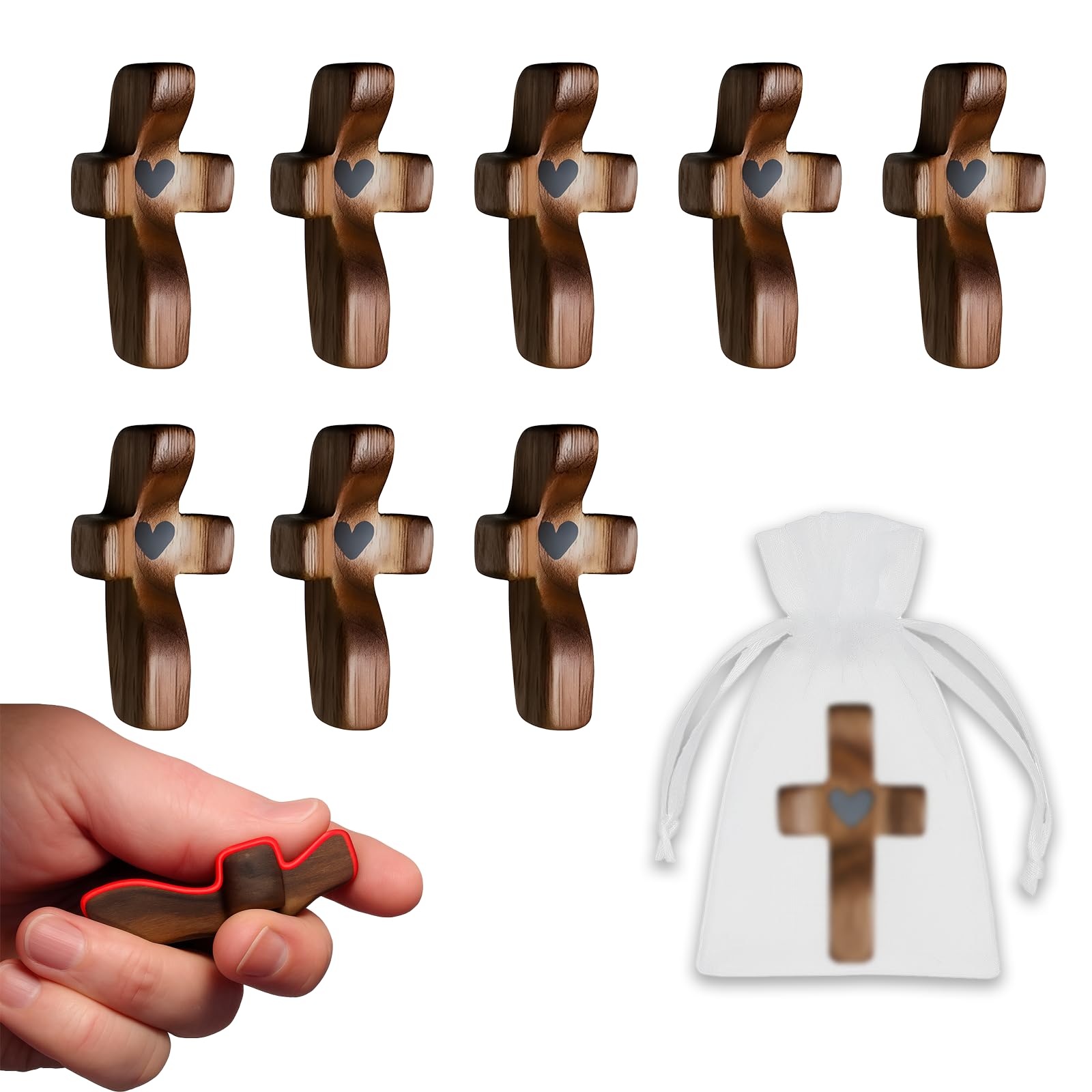 JimSeiSei 8-Pack Wooden Cross Fidget Pocket Prayer Walnut Comfort Cross for Anxiety Relief, Small Wooden Crosses Bulk Christian Gifts for Prayer, Church, Baptism &amp; Mother's Day with Organza Bags