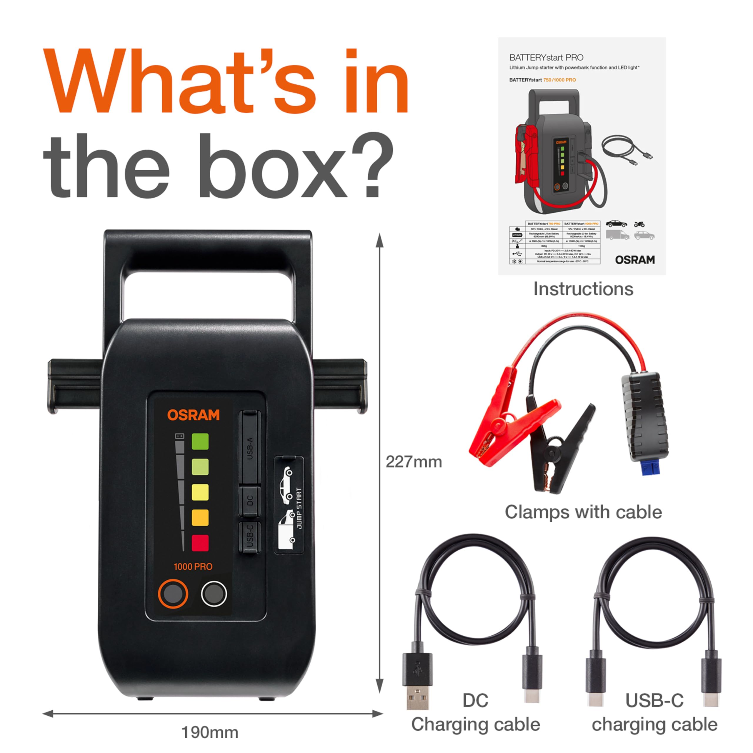 OSRAM BATTERYstart PRO 1000,OEBSPL1000, avviatore di emergenza agli ioni di litio e cobalto per officine professionali, per auto e furgoni di piccole/medie/grandi dimensioni