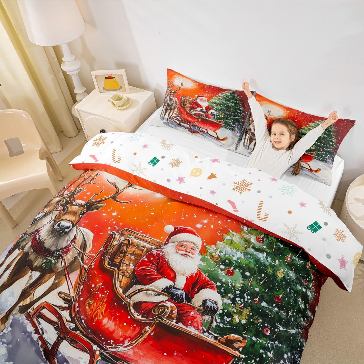 Homewish Świąteczna poszewka na kołdrę w rozmiarze king size, Święty Mikołaj, renifer, łoś, zestaw pościeli, zimowa poszewka na kołdrę z motywem choinki, dla dzieci, chłopców, dziewcząt, dorosłych