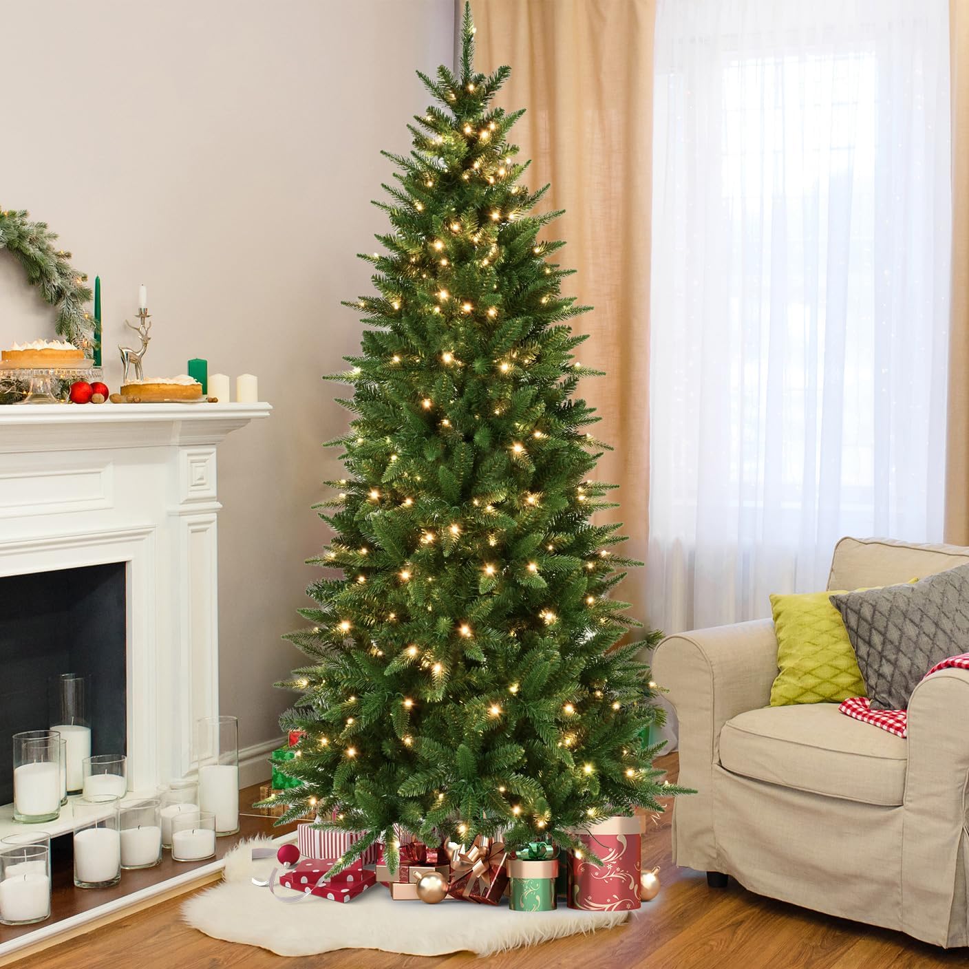 5ft Pre-Lit Artificial Pencil Green Christmas Tree with Warm White 200 LED Lights, Hinged Realistic Slim Xmas Tree w/Sturdy Metal Stand, 610 Tips for Home, Office, Party Decoration Prelit 5ft