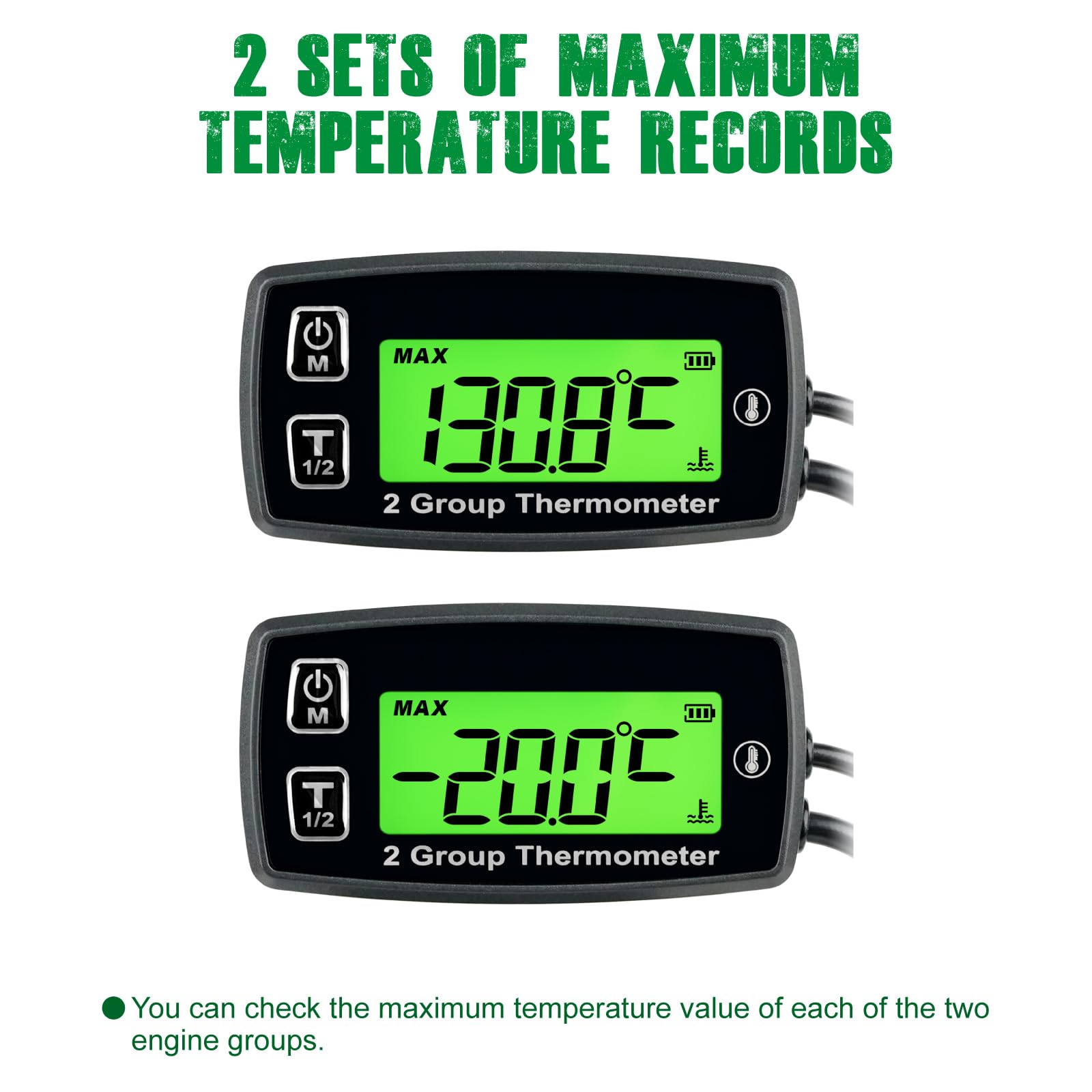 YOOREAL Digitale LCD Motore Temp Gauge, Doppia Registrazione Della Temperatura, Retroilluminazione Verde, Batteria e Alimentatore Esterno per Tosaerba Generatore Trattore Moto Dirtbike