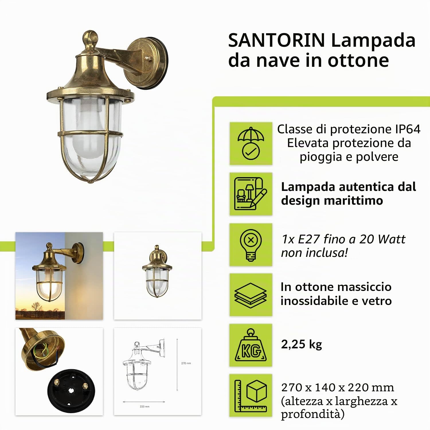 Licht-Erlebnisse Lampada da parete in ottone, lampada da esterno marittima, lampada da nave, rustica, nostalgica, IP64, H:27 cm, E27, illuminazione esterna giardino, lampada da parete esterna balcone
