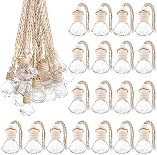 50 Pcs/Set,8ml Hanging Car Air Freshener Diffuser,Empty Clear Glass Essential Oil Fragrance Perfume Diffuser Pendant Glass Vials with Wooden Caps & Hanging String,Diamond Shaped Style