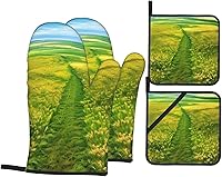 Vista 1 de Grassland Paths Oven Mitt and Pot Holder Set Heat Resistant 4-Piece Set, Suitable for Kitchen Cooking Baking Grill Chef Gift