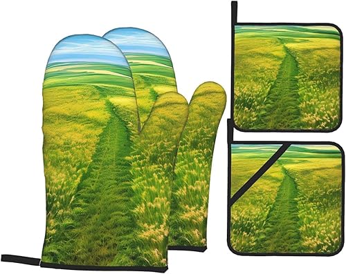 Grassland Paths Oven Mitt and Pot Holder Set Heat Resistant 4-Piece Set, Suitable for Kitchen Cooking Baking Grill Chef Gift
