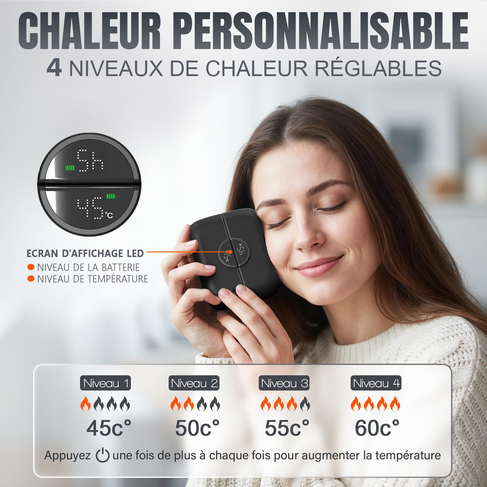 Chauffe-Main Rechargeable 6000mAh, écran Affichage LED, 4 Niveaux de Chaleur, Design Compact & élégant, USB-C, Chauffe Rapide, Ideal Voyage, Hiver et Cadeau - AERYNO