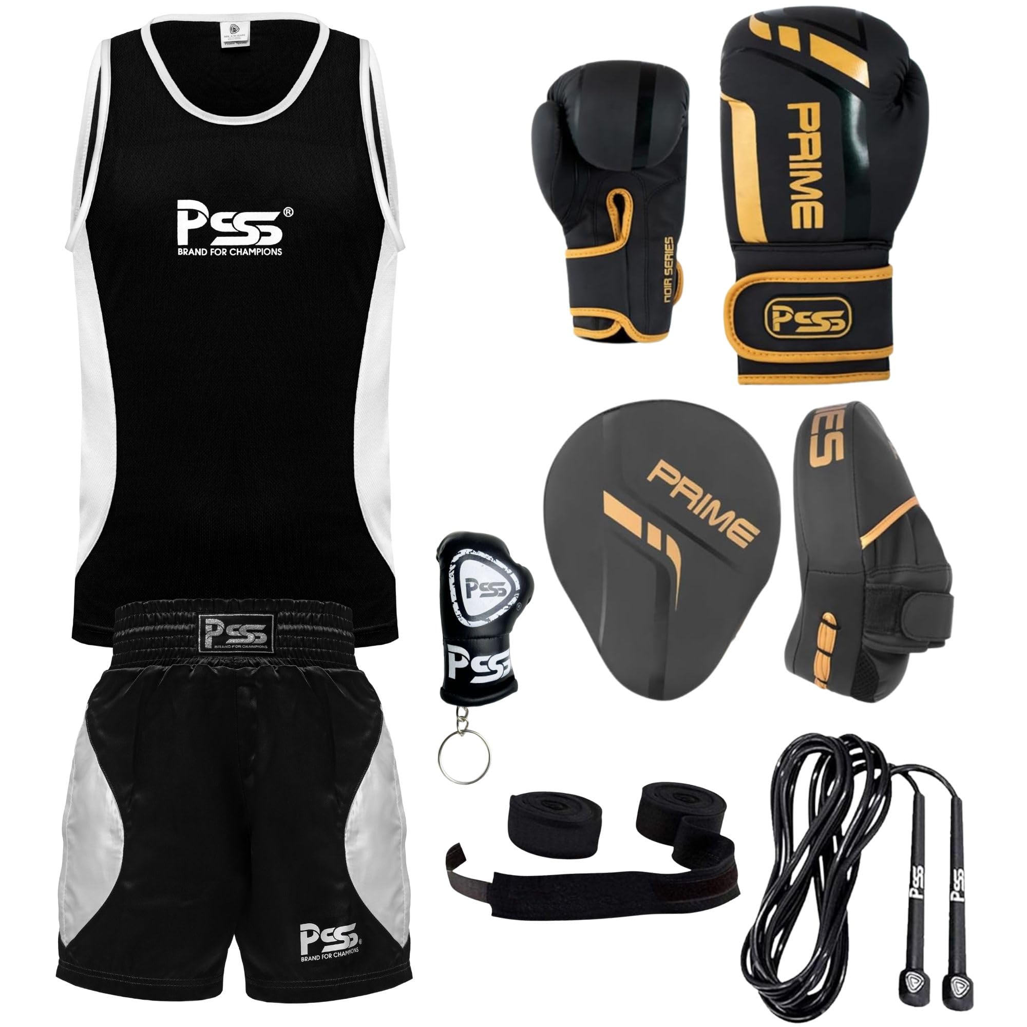 PSS Fighting Kit Uniform top and short 1025 Boxing gloves 1117 Focus pad rope wrap key ring Professional Training equipment 6-pcs GOLDEN set Muay thai kickboxing 6-OZ (1117 Golden/Black, 5-6 Year)