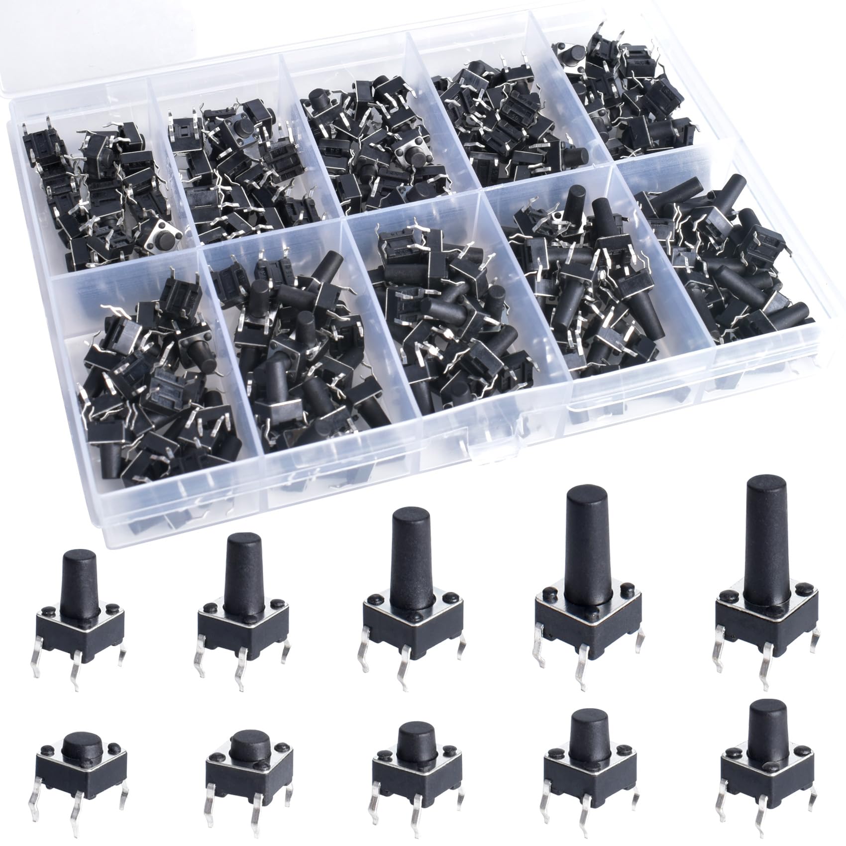 206 Pcs Tactile Switch 4 Pins 6x6 mm 10 Values Miniature Micro Momentary Tact Push Button Switch Assortment Kit