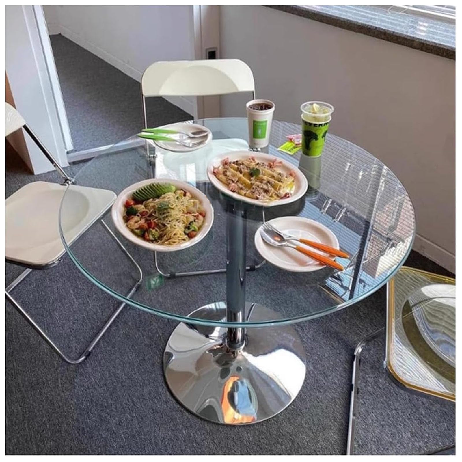 Redondo Cristal Mesa Pedestal Vidrio Mesa De Comedor 60/70/80cm Moderna Circular Mesa Bistro 2-4 Plazas Base Cromada(Size:60cm)