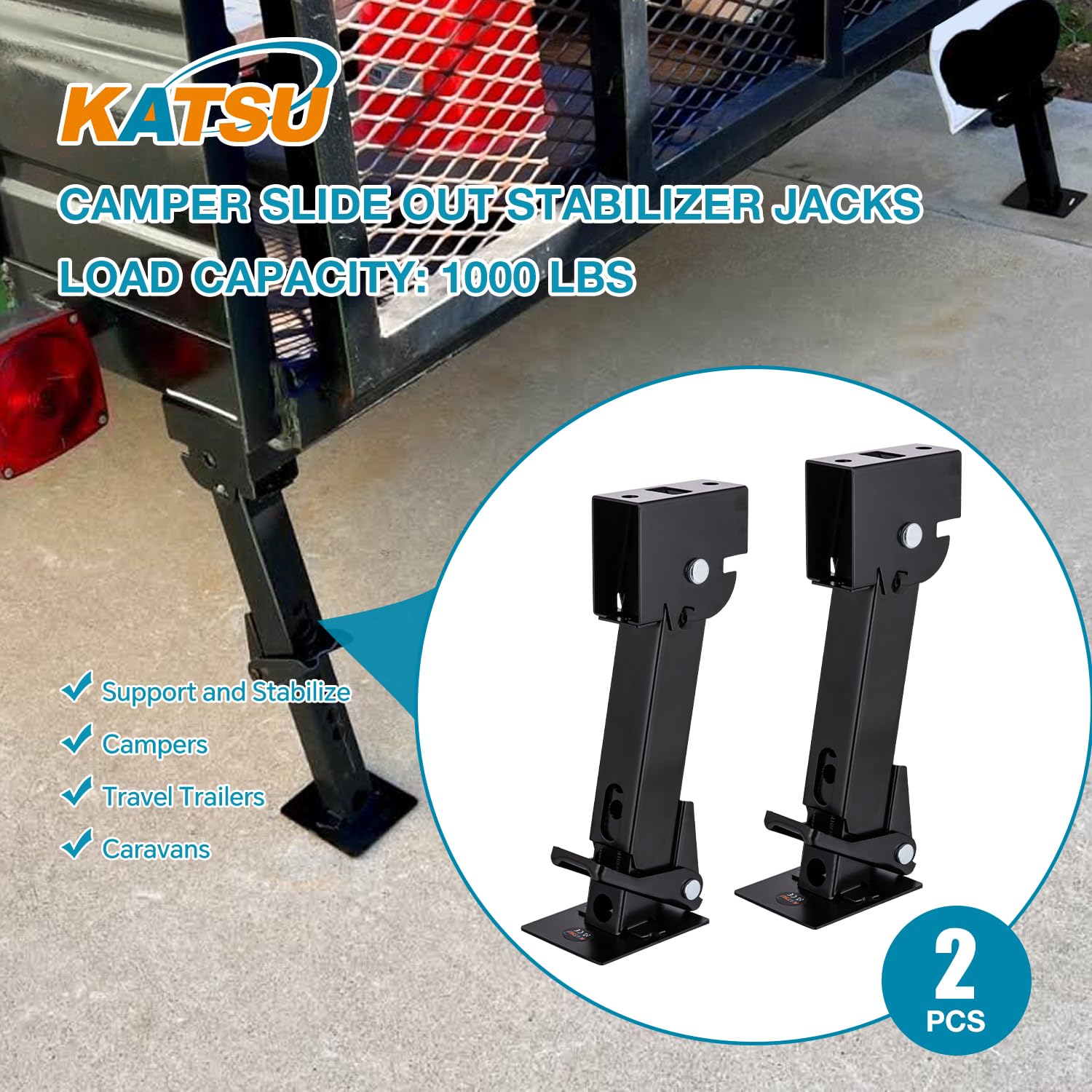 KATSU 2 Stück RV Anhänger Stabilisator Wagenheber 11-1/2" bis 18", Kapazität 1000 lbs, Zusammenklappbarer Teleskop-Wagenheber für Anhänger und Wohnmobil