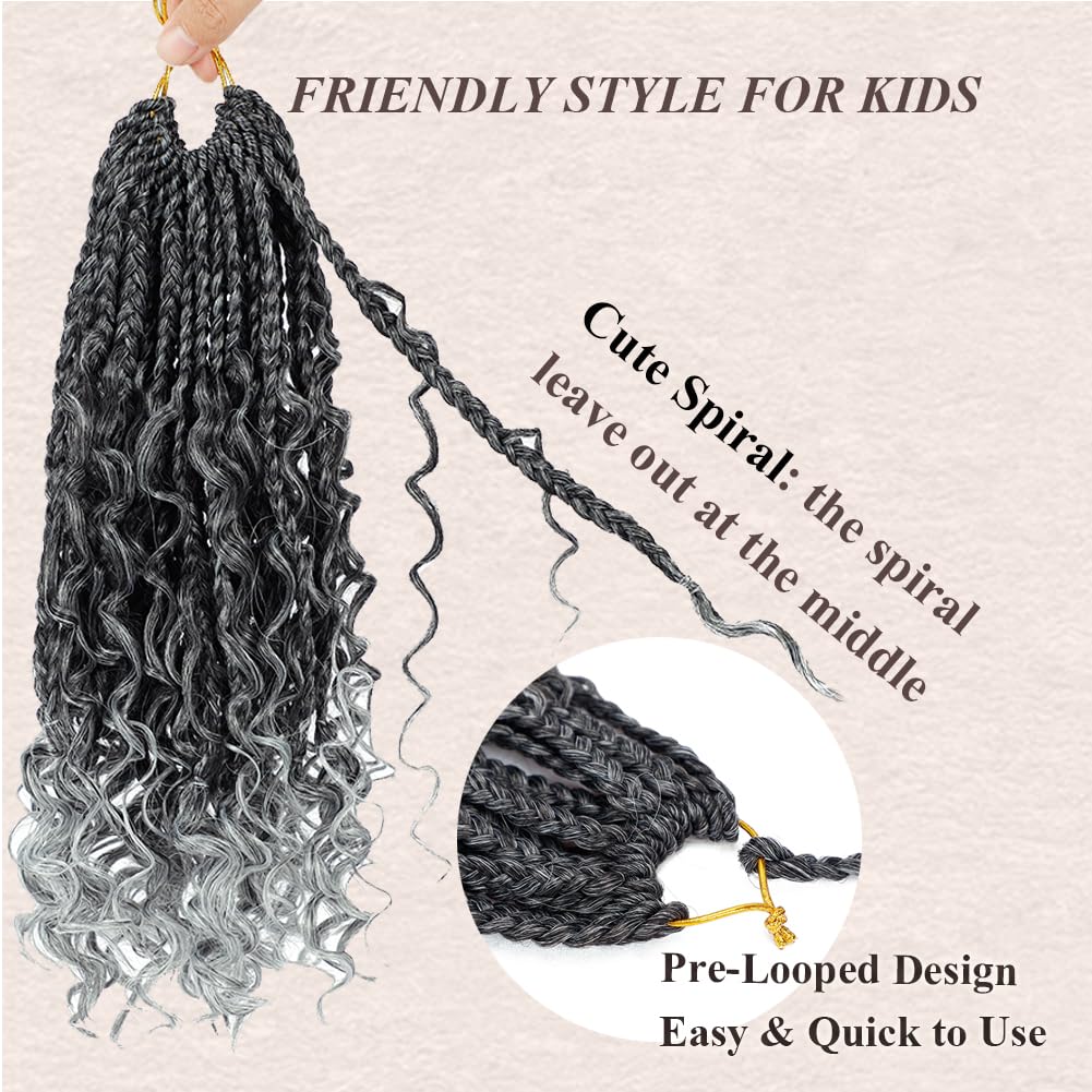Goddess Box Braids Crochet Hair 14 Inch Boho Crochet Braids for Black Women 7 Packs Pre Looped Bohemian Box Braids With Curly Ends Boho Box Braids Knotless Crochet Braids 1BGray#