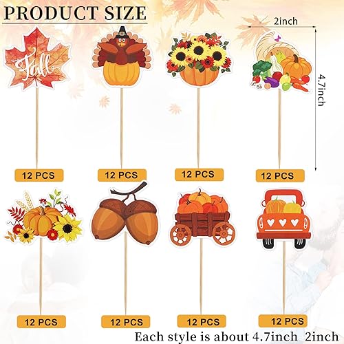 Miniatura 4 de SANNIX Juego de 96 adornos para cupcakes de otoño, juego de decoraciones de pastel de Acción de Gracias con pavo, decoraciones de pastel de calabaza