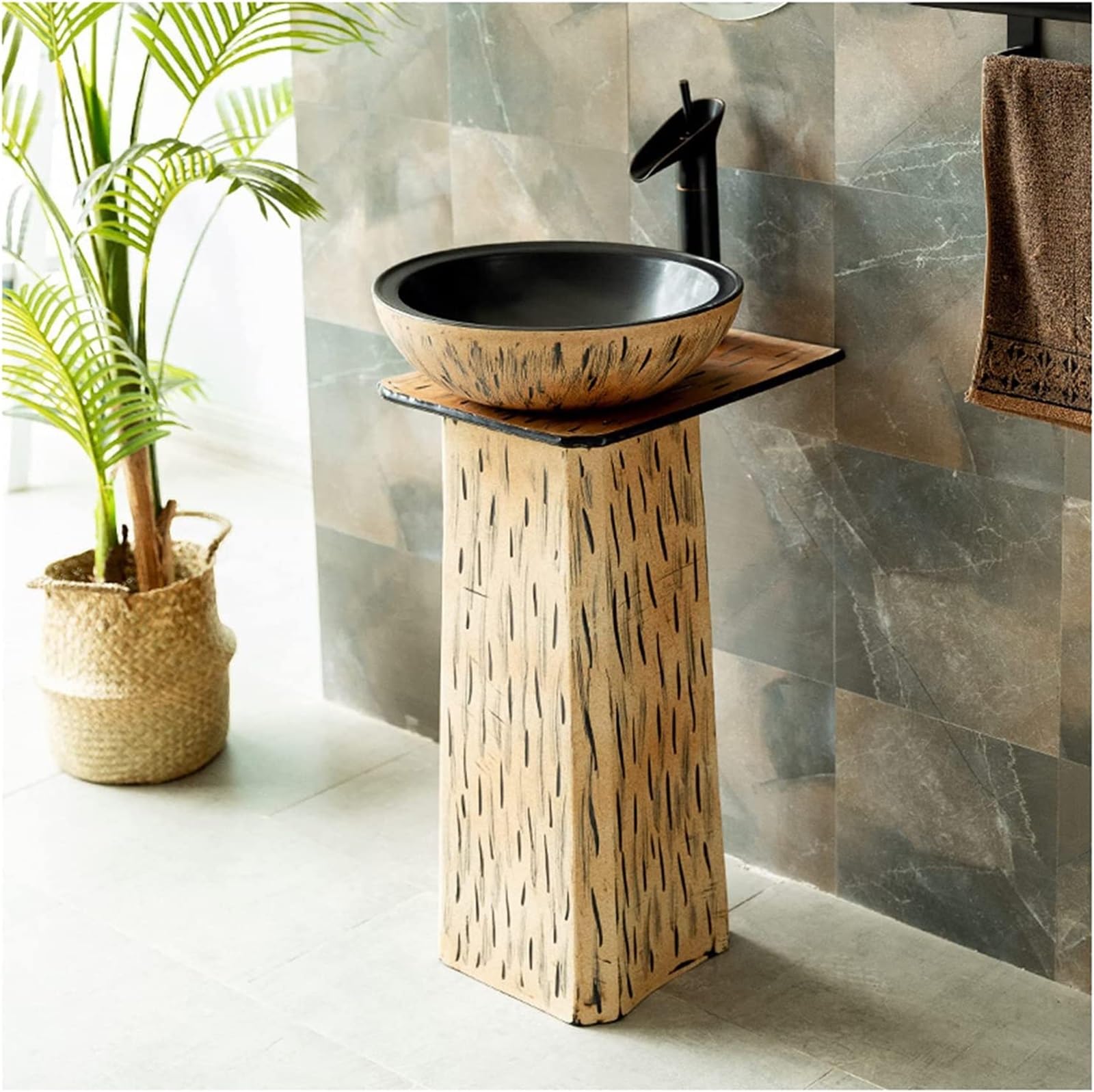 Ceramiczna umywalka łazienkowa, ceramiczna umywalka stojąca, ręcznie robiona umywalka kolumnowa w stylu industrialnym z kranem i korkiem (umywalka stojąca + bateria kombinowana)