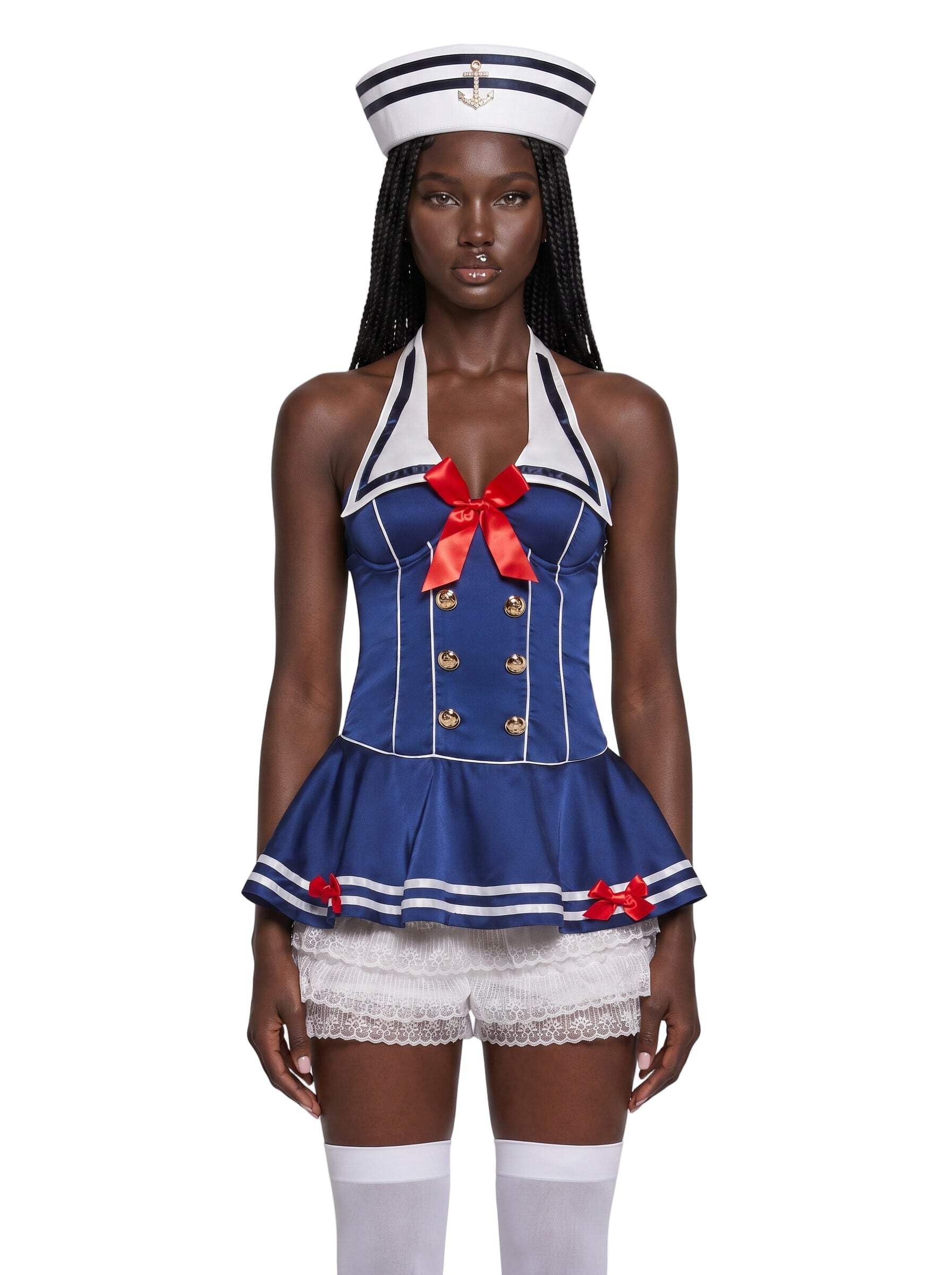 Dolls Kill Sailor Girl Costume by Trickz N’ Treatz – Navy Halter Top with Lace Shorts, Hat, Stockings & Red Bows, X-Large