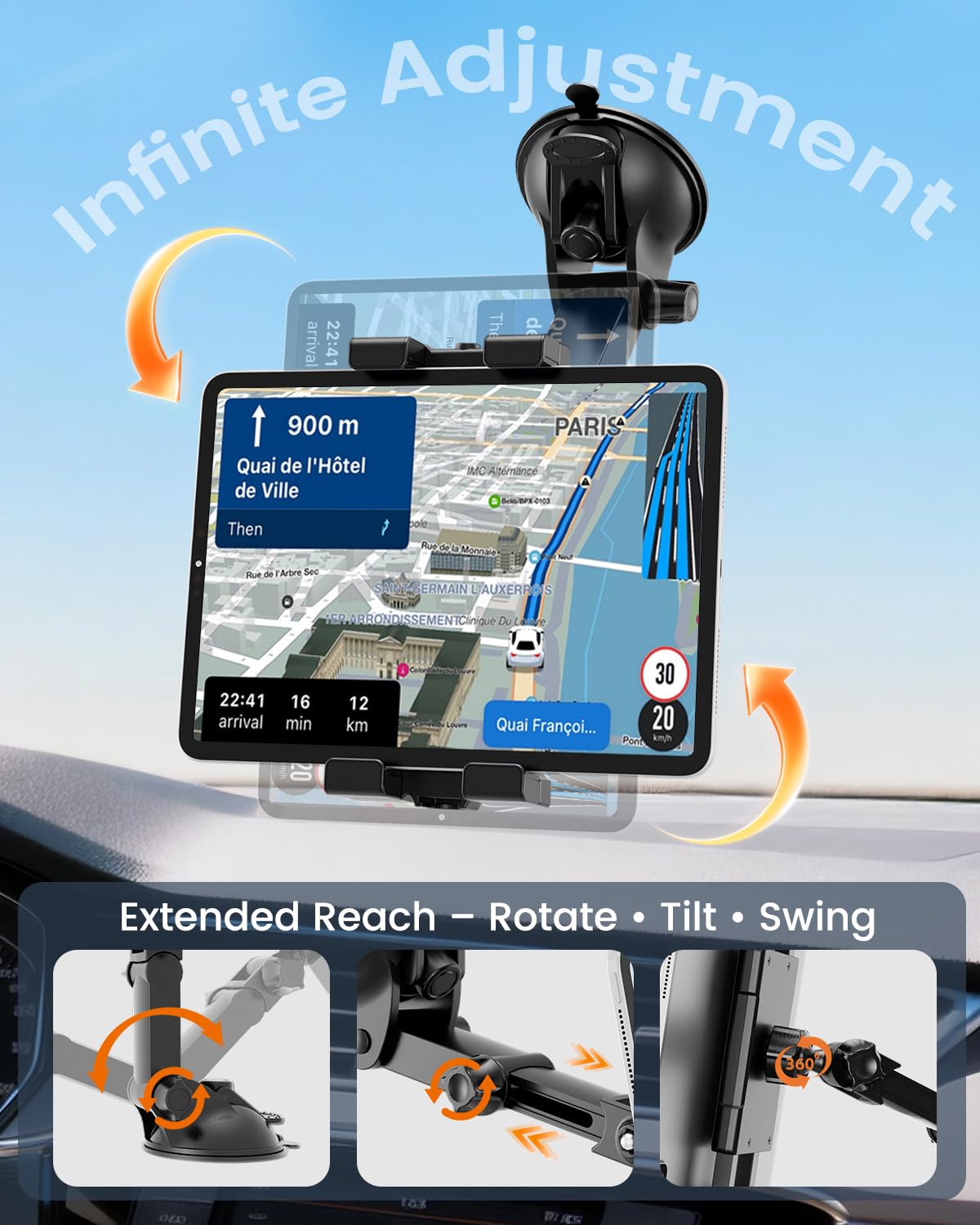 OHLPRO Support Tablette Voiture Tableau de Bord Pare-Brise, Ventouse Puissante Camion avec Bras Long Extensible, Support iPad Auto pour 5-17" Appareils iPad Pro 12.9 Air Mini, Galaxy Tab