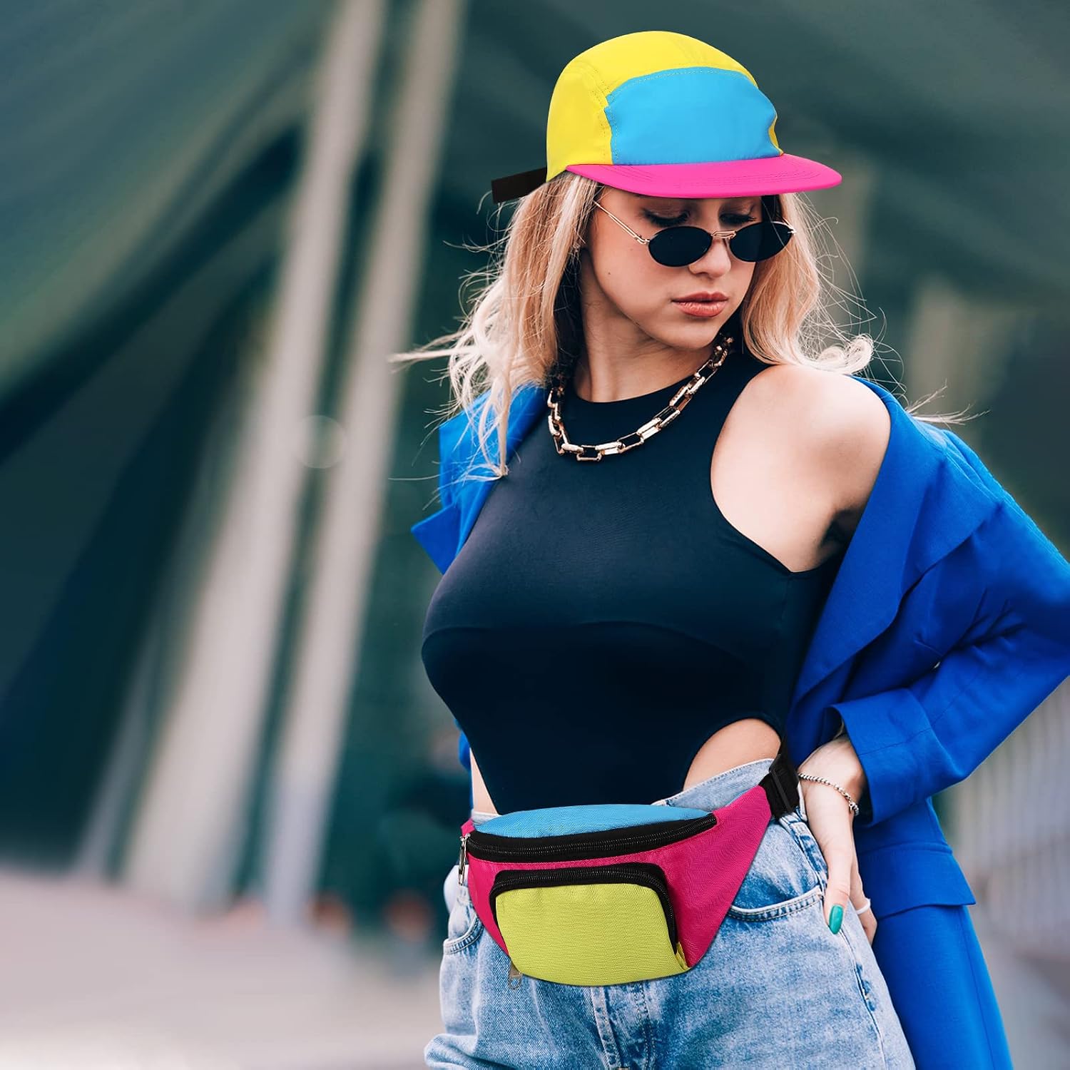 Cindeer 2 Pcs 80s 90s Neon Fanny Pack Hat for Women Adjustable Hip Hop Costume Accessories for 80s 90s Party Holiday Outfit