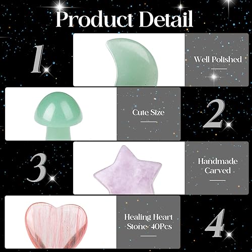 Miniatura 4 de Juego de 40 piedras naturales de cristal con forma de hongo luna y estrella piedras preciosas de amor pulidas a granel hecho a mano equilibrio