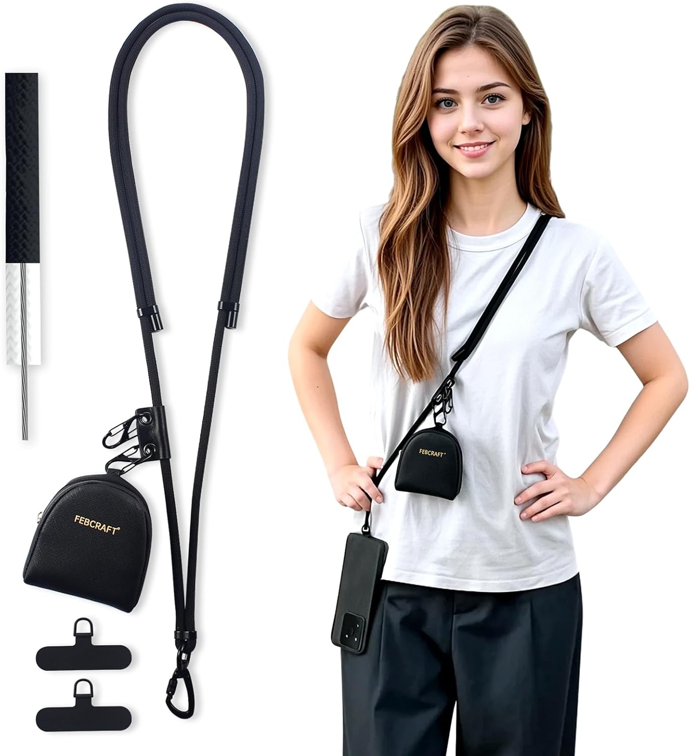 phone lanyard,anti theft phone strap,with steel wire & lock,clip and go strap for phone with wallet crossbody,travel essentials,commuting,daily convenience,travel use,black