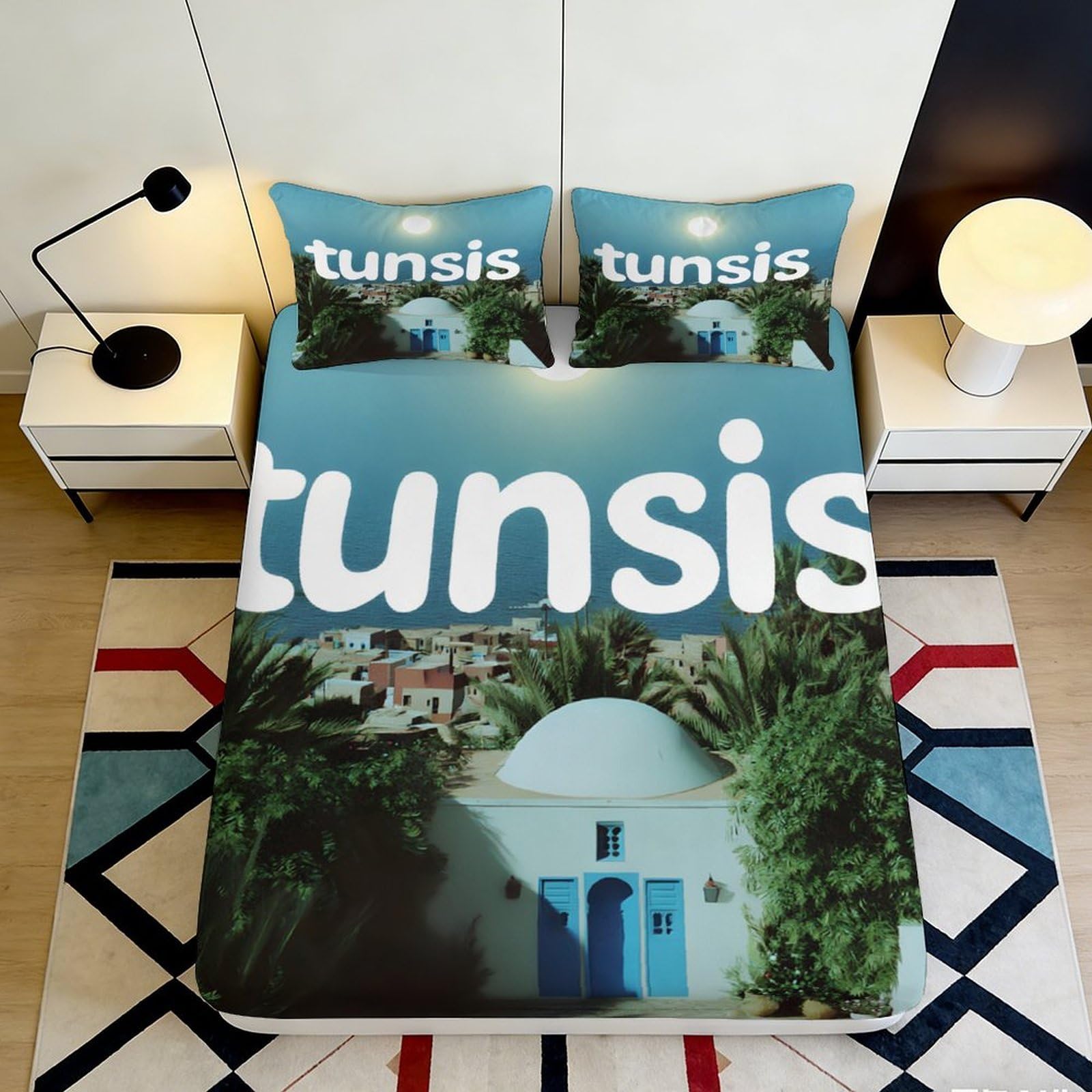 3D Printed Mediterranean Blue Door Fitted Sheet Microfiber Soft Decorative Tunisia Landscape Bed Cover for Bedroom Guest Room 90x200x25cm