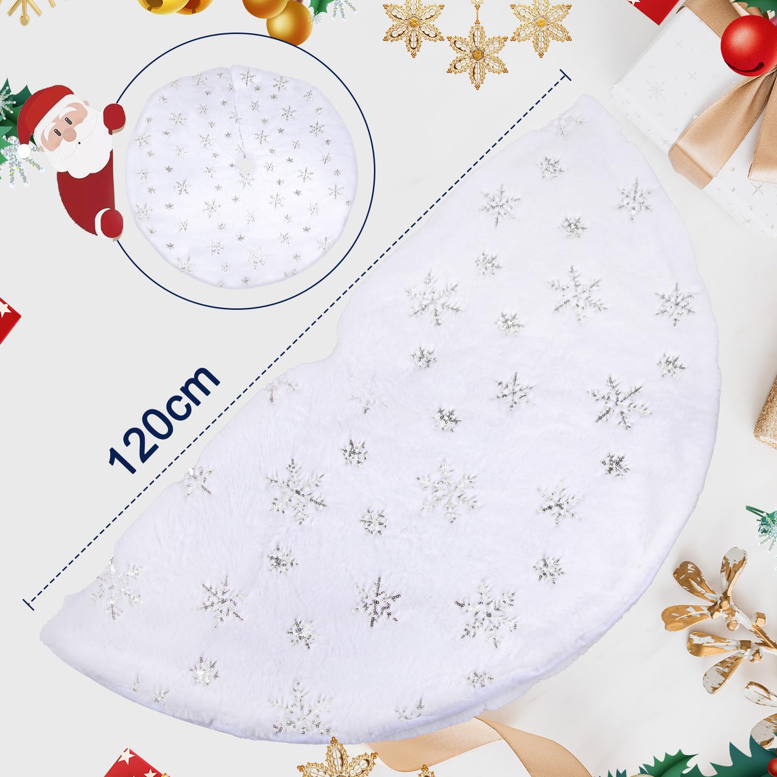 Gonna Per Albero Di Natale 120 Cm - Copribase In Peluche Con Fiocchi Di Neve Argento, Per Decorazioni Natalizie - Foto 13