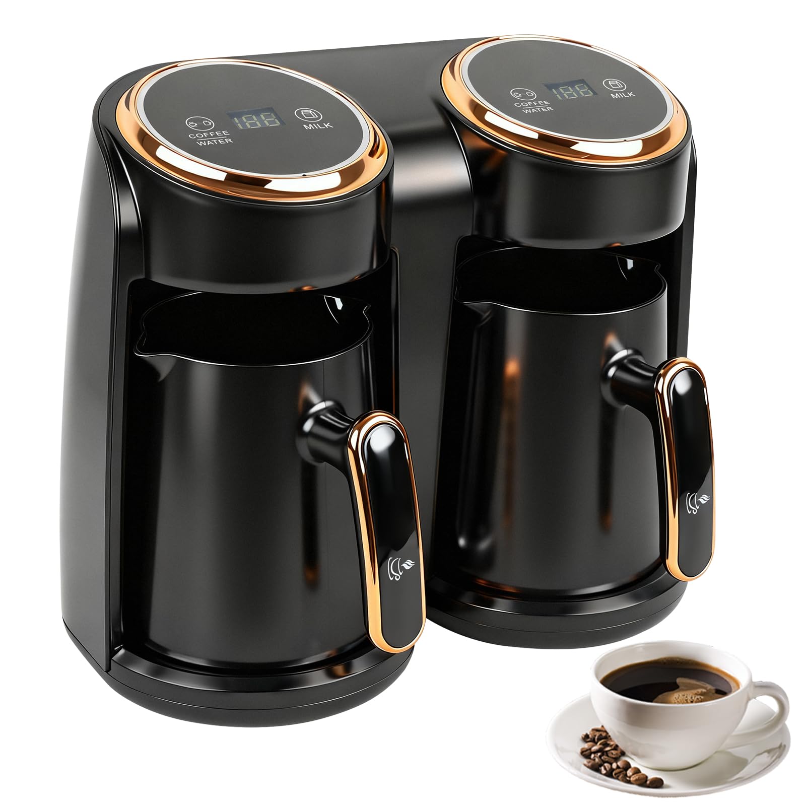 Cafetière turque, 600 W, cafetière turque avec double système de chauffage, protection contre le débordement et protection contre l'ébullition à sec, 300 + 300 ml (1 à 8 tasses)