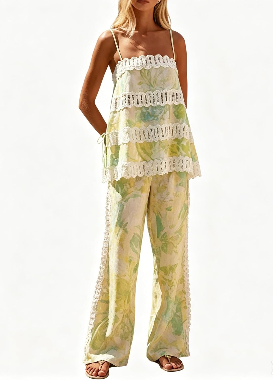 Women's 2 Piece Floral Print Set Lace Trim Cami Top & Wide Leg Pants Set Boho Summer Vacation Outfit
