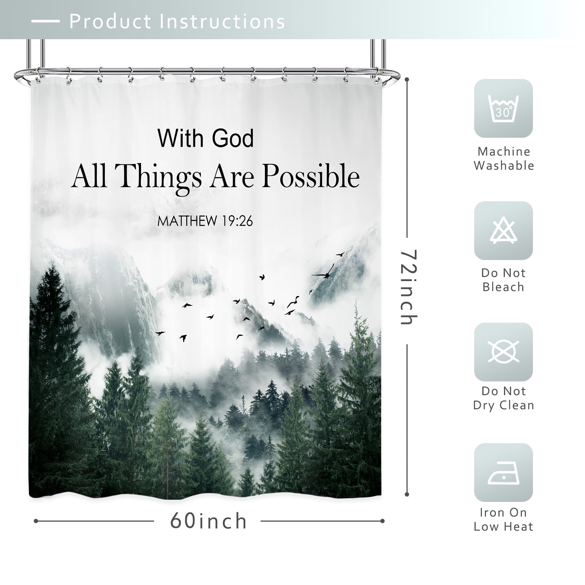 Riyidecor Mountain Shower Curtain 60Wx72H Inch Bible Verse Christian Inspirational God Words Foggy Tree Scenery Landscape Mens Bathroom Decor Fabric Polyester Waterproof 12 Pack Hooks - Image 3