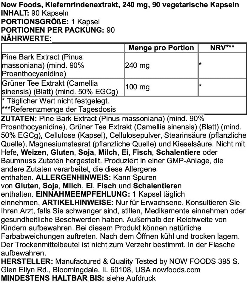 NOW Supplements, Pine Bark Extract 240 mg, 90% OPC Pine Bark Extract, (from the Inner Bark of Chinese Red Pine), 90 Veg Capsules : Health & Household