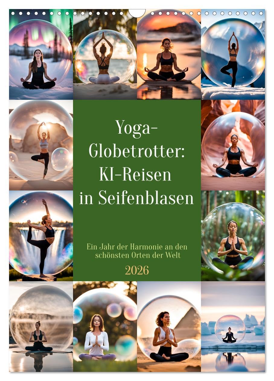 Yoga globetrotters: AI travel in bubbles. A year of harmony in the most beautiful places in the world UK-Version (Wall Calendar 2026 DIN A3 Portrait), CALVENDO 12 Month Wall Calendar — image 1