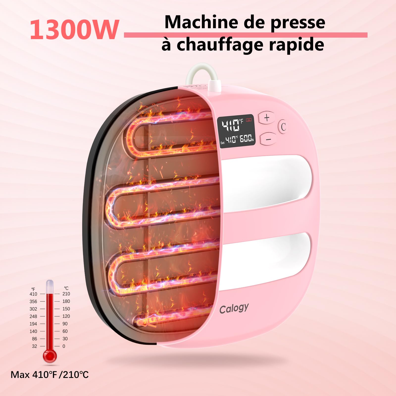 Calogy Presse a Chaud Textile 25,4x25,4 cm(10 * 10"), Machine Impression Tee Shirt Portable Sublimation, Imprimante Textile Rapide Sacs, Oreillers, Chapeaux, HTV Vinyle Transfert Chaleur (Rose Blanc)