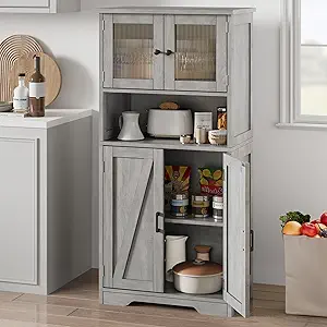 GarveeHome 54in Tall Bathroom Cabinet, Farmhouse Storage Cabinet with Glass Doors and Adjustable Shelves, Freestanding Kitchen Pantry Cabinets, Cupboard for Living Room, Dining Room, Gray