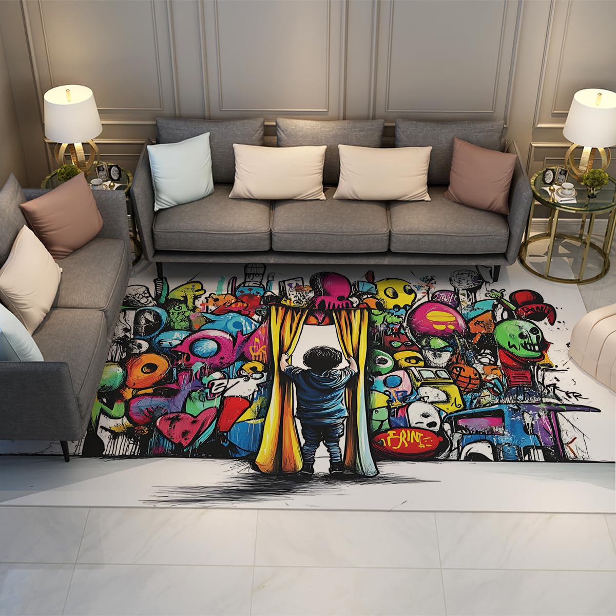 Tapis 180x270cm grand format pliant à poil court style graffiti