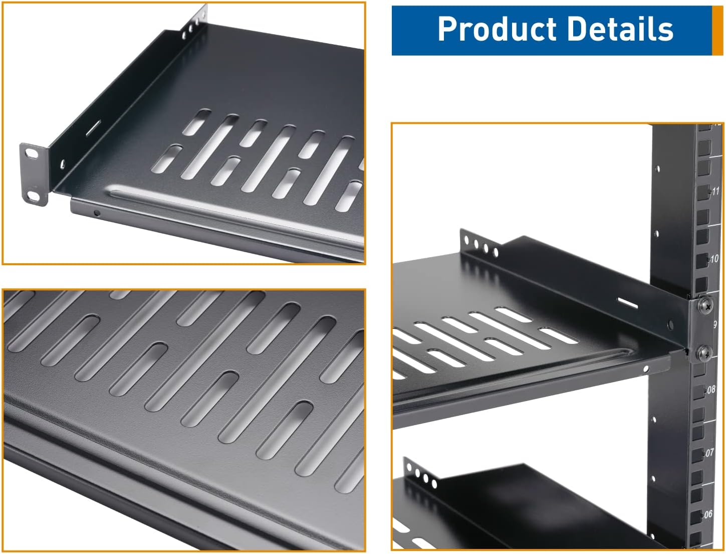 Rack Shelf 1U Vented Server Rack Mount Cantilever Tray, 50 lbs, 12 inches Deep, Black