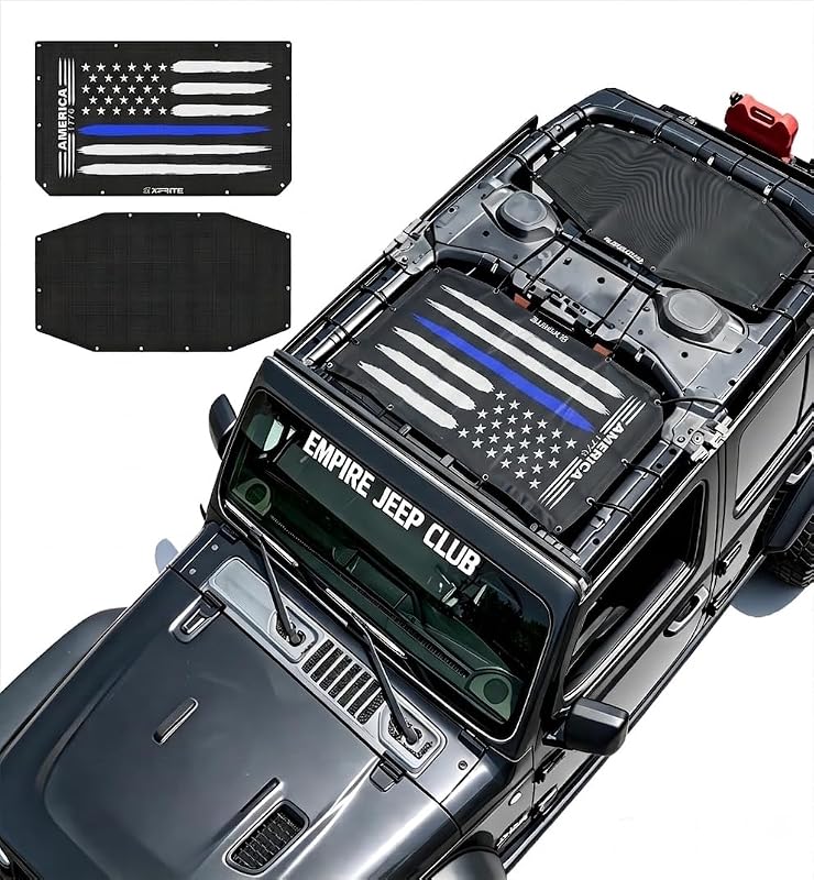 Teto solarizador em tela Xprite Blue Line US Flag para Jeep Wrangler JL 4XE 2018–2023 – 2 peças